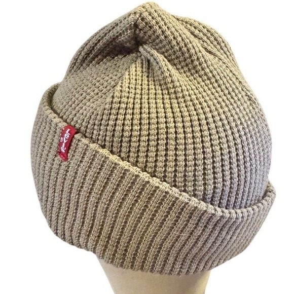 Levi's Beanie Hat Tan Waffle Knit Cuffed Logo Accent - Picture 3 of 5